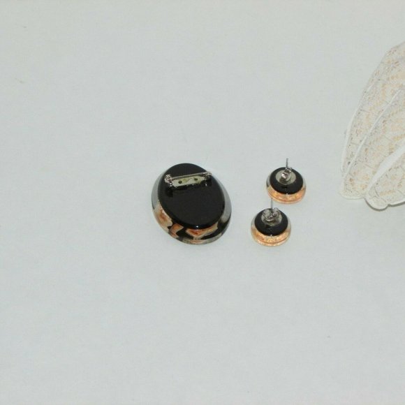 Vintage Lucite Brooch & Pierced Earrings Set Black Peach Flowers Cottagecore - Picture 5 of 6